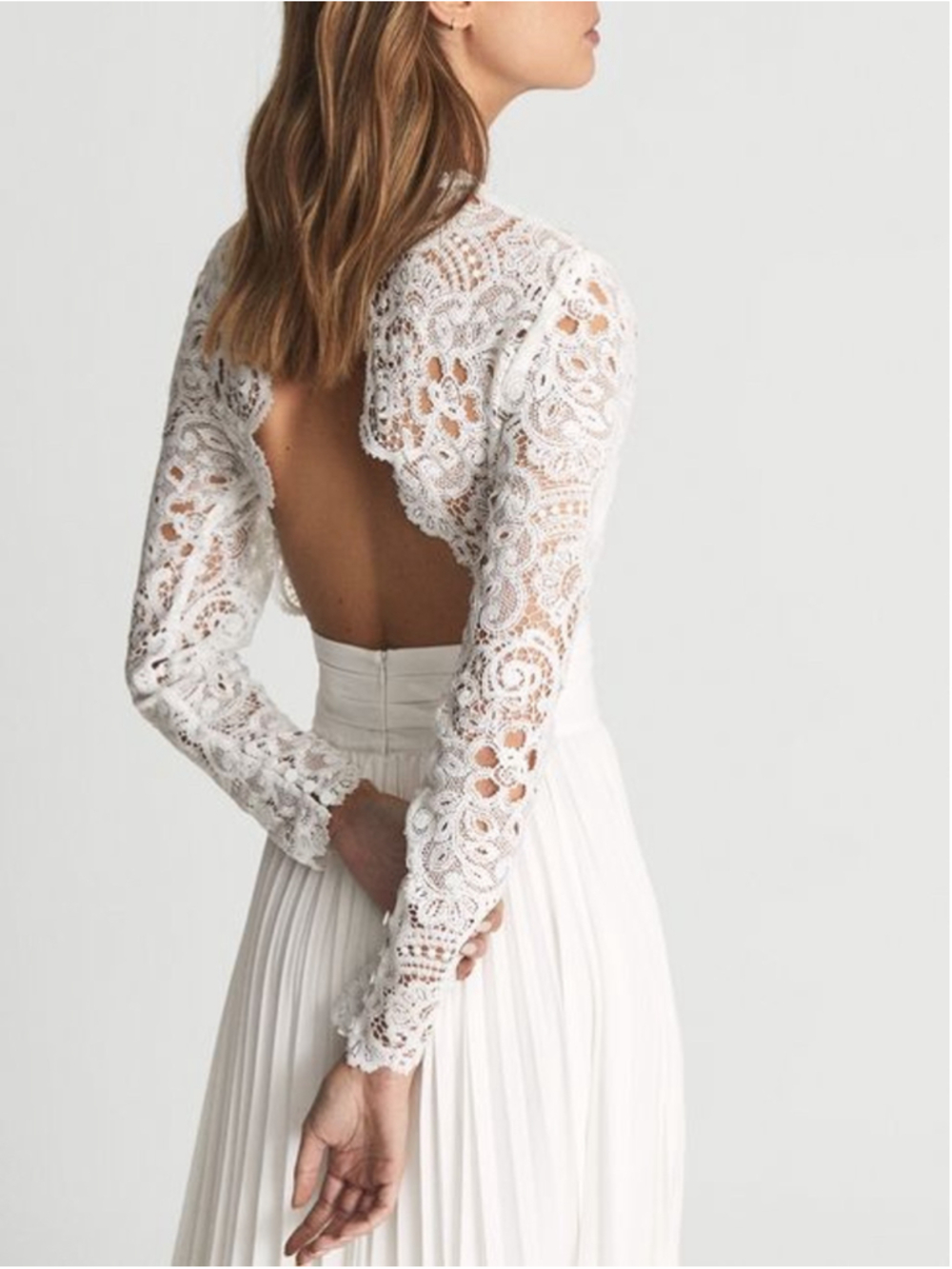 Women's Reiss White Long Sleeve Lace Pleated Maxi Dress Size 4 - Picture 3 of 10